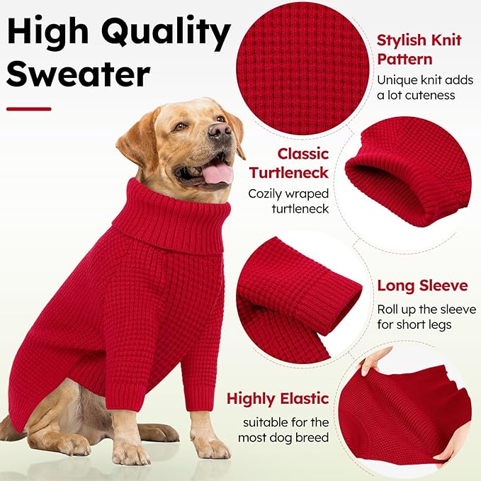 Queenmore Small Dog Sweater, Plaid Doggie Sweater, Long Sleeve Knitted Puppy Sweater with Check Pattern, Warm Dog Sweaters for Small Dogs, Solid Pull-on Cat Sweaters, Red S