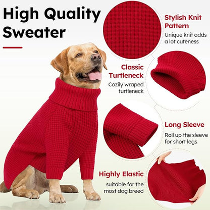 Queenmore Small Dog Sweater, Plaid Doggie Sweater, Long Sleeve Knitted Puppy Sweater with Check Pattern, Warm Dog Sweaters for Small Dogs, Solid Pull-on Cat Sweaters, Red S