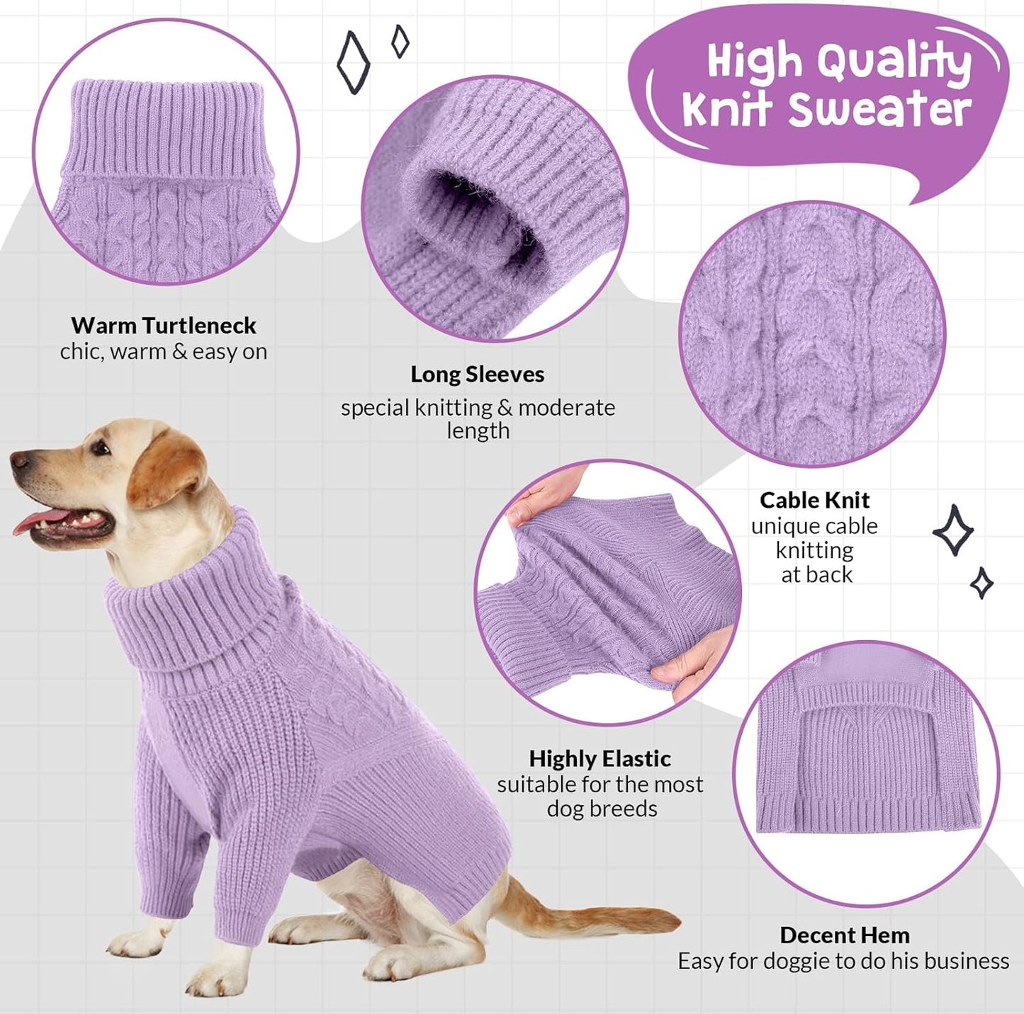 Queenmore Dog Sweater for Small Puppies & Large Dogs - Warm Winter Fall Sweater, Solid Turtleneck Knit with Long Sleeves, Lilac Color, XL