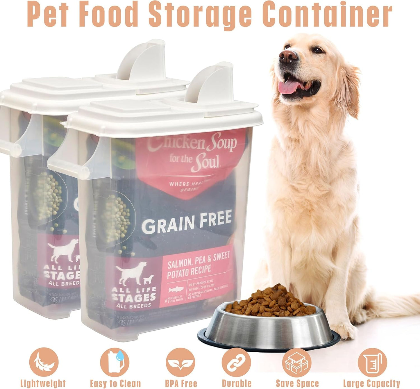 Buddeez Pet Food Storage Dispensers - Dog Food Storage Containers, Cat Food Containers, Bird Seed Containers w/Handle and Flip Lid, 8 Gallon(2 pack)