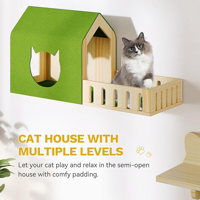 DWVO Cat Wall Shelves and Perches for Wall, Solid Wood Wall Mounted Cat Furniture, Set of 7 Cats Climbing Shelves for Large Cats with Green Wall House and Fence, Steps, Scratching Posts