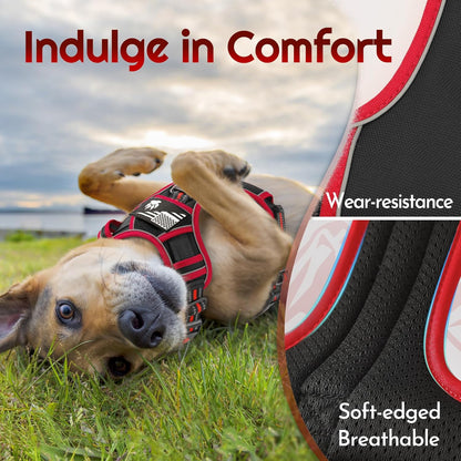 Eagloo Dog Harness Medium Sized, Easy Wearing with 3 Buckles, Adjustable No Pull Pet Harness with 2 Rings for Walking, No Chock Reflective Soft Padded Vest with Control Handle, Black & Red, M