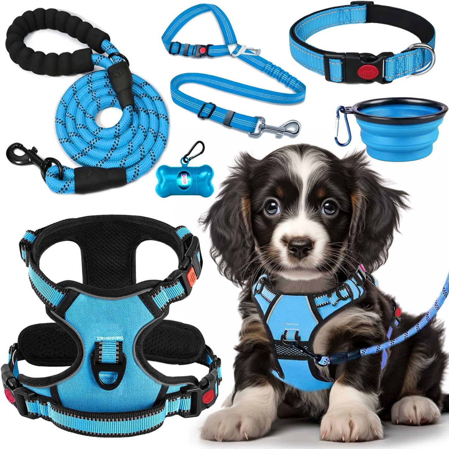 No Pull Dog Harness, Collar & Leash Set | Includes Dog Seat Belt, Collapsible Bowls & Poop Bag Dispenser. Ideal for Training, Walking, Hiking. Fits Small to Large Dogs(Blue-S)