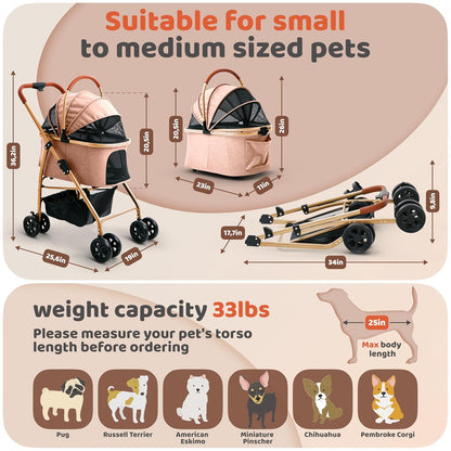 Pet Stroller for Small Medium Dogs & Cats – 2-in-1 Detachable Carrier, Zipperless Entry, Lightweight Folding Travel Stroller with Storage Basket, Cup Holder, Brown
