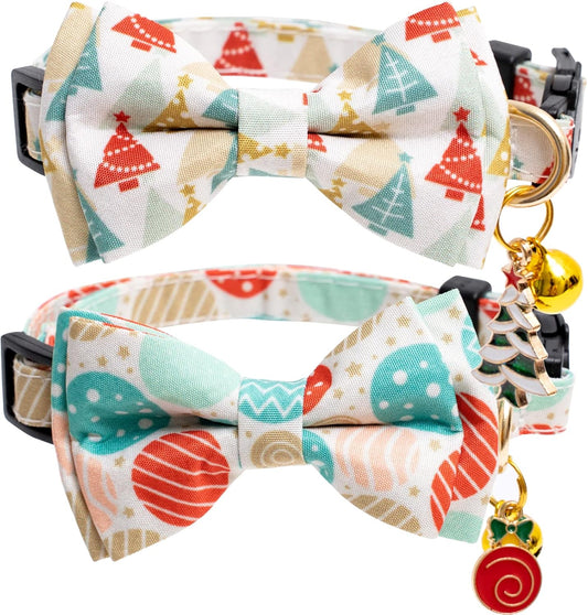 2 Pack Cotton Christmas Cats Collar with Bow Tie Beige Red Green Cat Collars for Girl Female Boy Male Cat Collar with Bell Christmas Trees Charms