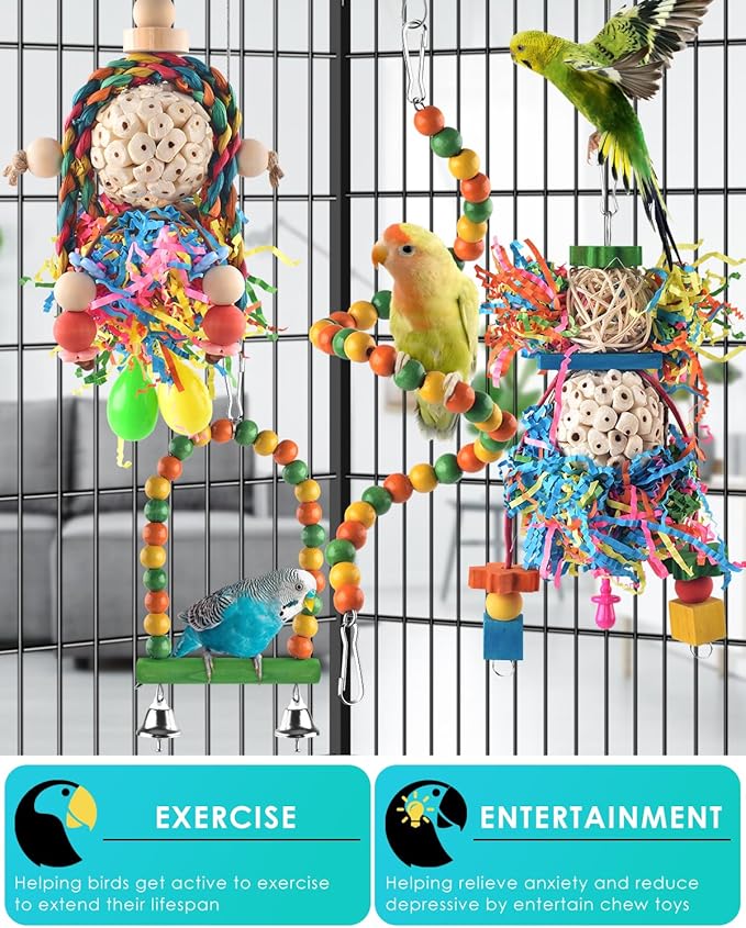 Bissap Conure Toys, 4 PCS Parrot Foraging Shredder Hanging Toys Sola Balls with Sand Hammer Perch Swing Climbing for Small Parrots Parakeets Conures Cockatiels Love Birds Cage Toy