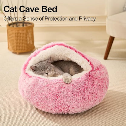 Calming Dog Beds & Cat Cave Bed with Hooded Cover,Removable Washable Round Beds for Small Medium Pets,Anti-Slip Faux Fur Fluffy Coved Bed for Improved Sleep,Fits up to 15/25 lbs(Pink,S)