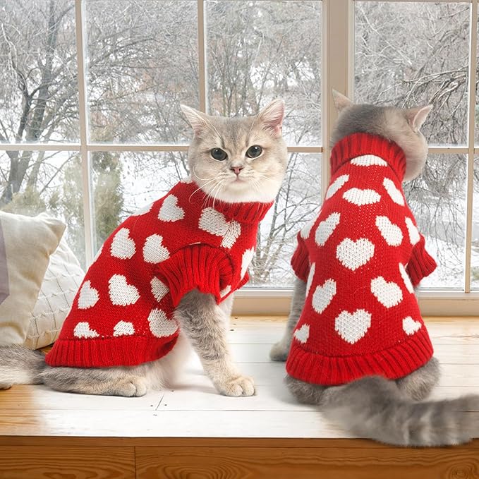 KOOLTAIL Turtleneck Cat Sweater - Soft Knit Christmas Sweater With Heart Love Pattern, Thick Warm Cold Weather Clothes for Small Medium Large Kittens Puppies, Red L