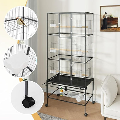 69 Inch Extra Large Bird Cage Wrought Iron Parrot Cage with Storage Shelf for Mid-Sized Parrots Cockatiels Conures Parakeets Lovebirds Budgie Finch