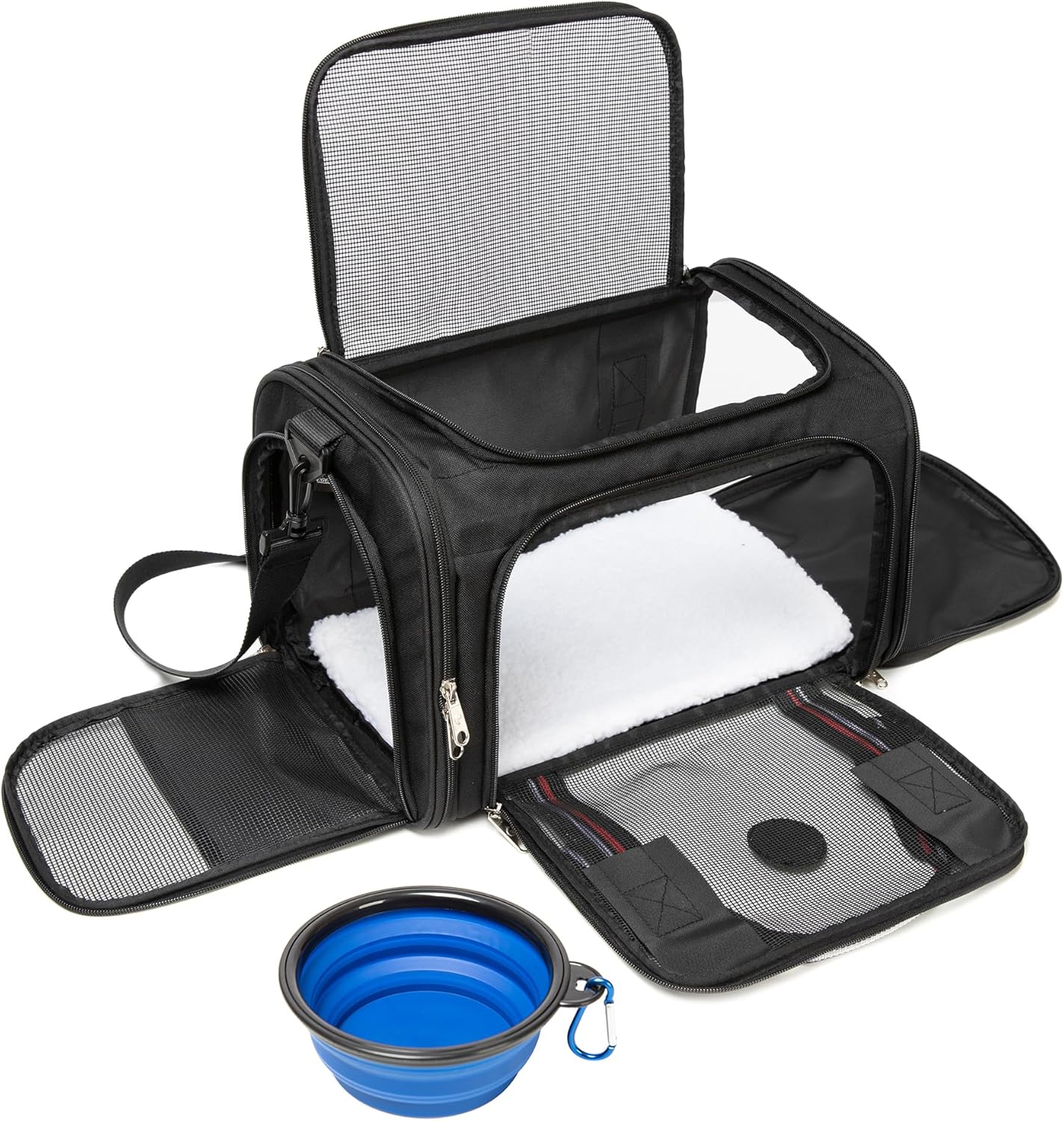 CAGA Soft-Sided Pet Carrier - Ventilated Foldable & Collapsible Under Seat Travel Kennel with Pockets for Small to Medium Dogs & Cats up to 15 lbs (Black)