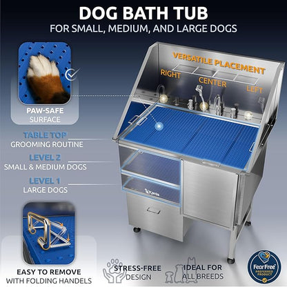 KANIS Professional Dog Washing Station - 304 Stainless Steel Pet Wash Sink & Grooming Bathtub w/Shower, Floor Grates and Storage for Large, Medium & Small Pets (40", 1 Drawer - Right Ramp)