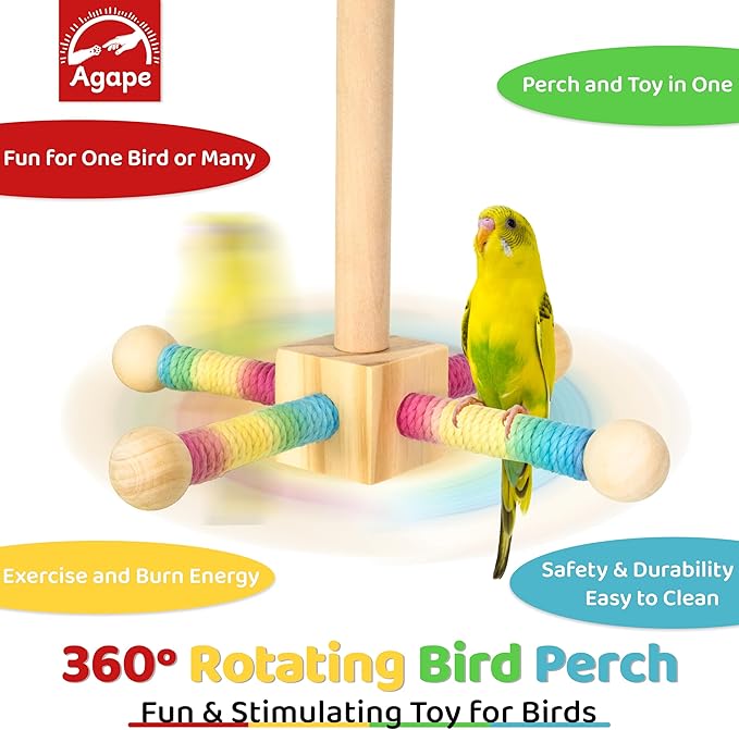 Agape Bird Perch Toy, Parrot 360° Interactive Rotating Toy, Bird Cage Accessories for small and medium Parrots to Expend Energy, Wooden Stand for Parakeets Cockatiels Lovebirds Conures Finches Budgies