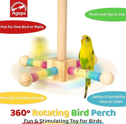 Agape Bird Perch Toy, Parrot 360° Interactive Rotating Toy, Bird Cage Accessories for small and medium Parrots to Expend Energy, Wooden Stand for Parakeets Cockatiels Lovebirds Conures Finches Budgies