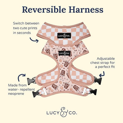 Lucy & Co. Cute Reversible Dog Harness Walking Halter - Best Designer Pet Harnesses for XS - XL Dogs - Padded Adjustable Vest for Easy Walking. (Iced Coffee SZN Reversible Harness).