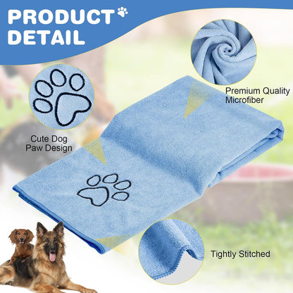 Chumia 4 Pack Dog Towels for Drying Large Microfiber Grooming Tools Absorbent Soft Bath Supplies with Embroidered Paw for Small Medium Pet Products (30 x 50 Inch,Light Blue)