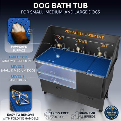KANIS Black Line Professional Dog Washing Station - 304 Stainless Steel Pet Wash Sink & Grooming Bathtub w/Shower, Floor Grates and Storage for Large, Medium & Small Pets (61", 2 Drawers - Right Ramp)