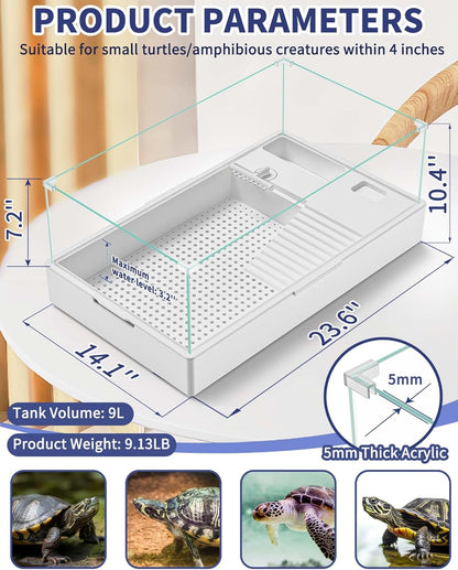 Large Turtle Tank Kit(Tank + Light + Water Pump), Acrylic Turtle Tank Starter Kit with Two Rain Shower Head, Adjustable 5W Water Pump, Higher Fences (Kit-L)