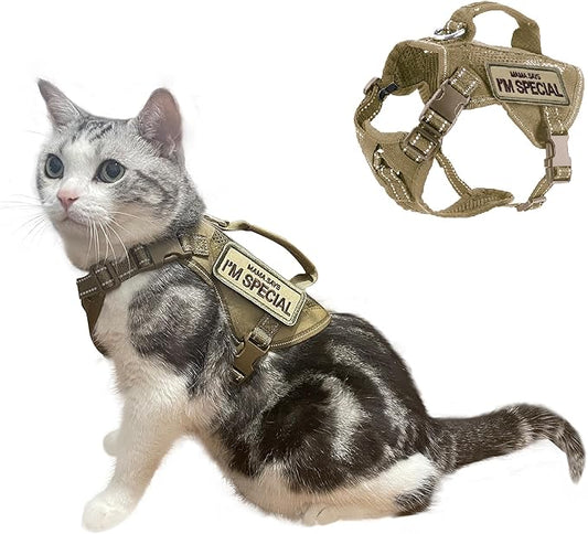 Tactical Cat Harness Adjustable Soft Padded Training Walking Esacpe Cat Vest Harness No-Pull Pet Harness Reflective with Easy Control Handle (Khaki, XL)
