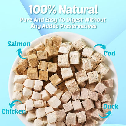 Turtle Food - 4 in 1 Natural Freeze-Dried Chicken, Duck, Salmon, Cod – Real Meat Snacks for Aquatic & Box Types, Cats & Dogs – Human-Grade Quality