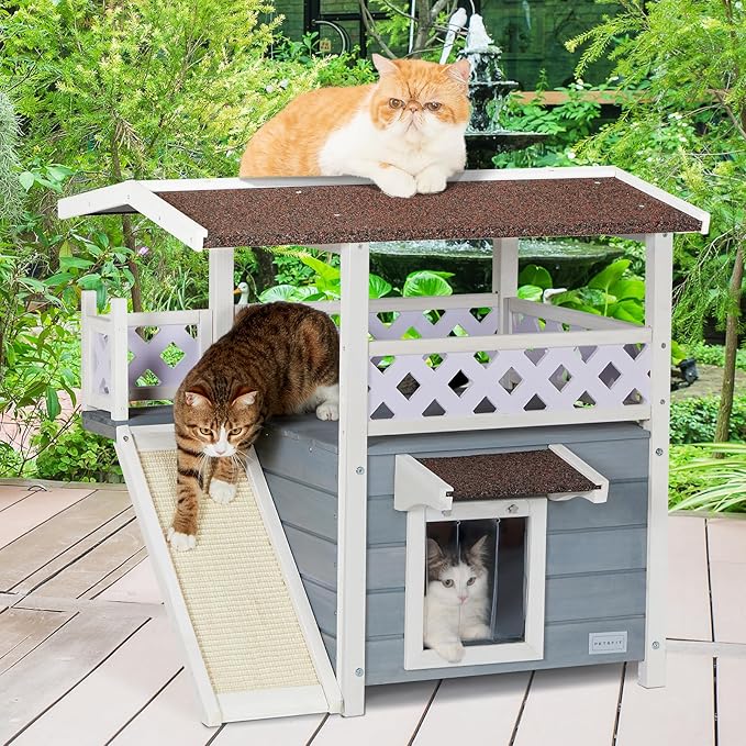 Petsfit Outdoor Cat House Weatherproof, Wooden Outside Feral Cat Shelter with Scratch, 2 Story Cat Houses for Indoor Cats Small Dogs with Escape Door(Gray)