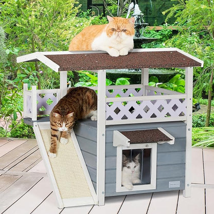 Petsfit Outdoor Cat House Weatherproof, Wooden Outside Feral Cat Shelter with Scratch, 2 Story Cat Houses for Indoor Cats Small Dogs with Escape Door(Gray)