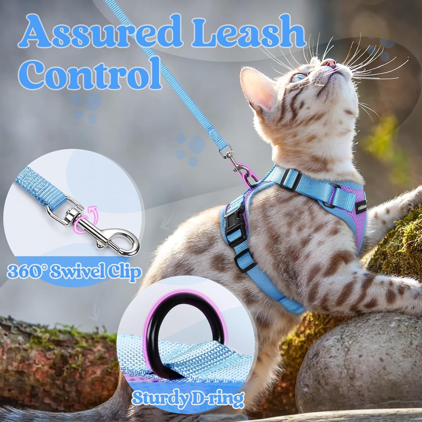 rabbitgoo Cat Harness and Leash Set, Escape Proof Soft Adjustable Vest Harnesses for Outdoor Walking, Easy Control Breathable Kitten Jacket with Reflective Strips, Purple & Blue, M