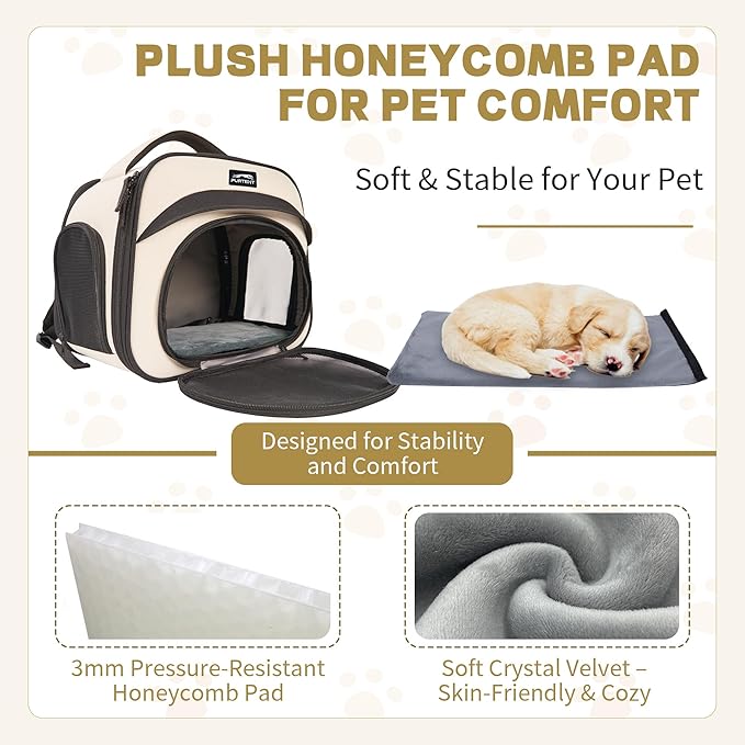 Bunny Backpack, Breathable Collapsible Small Pet Carrier with Safety Leash - for Puppies, Kittens, and Ferret Weighing up to 8 lbs, Designed for Travel, Walking and Outdoor Use Cat Bag, Beige