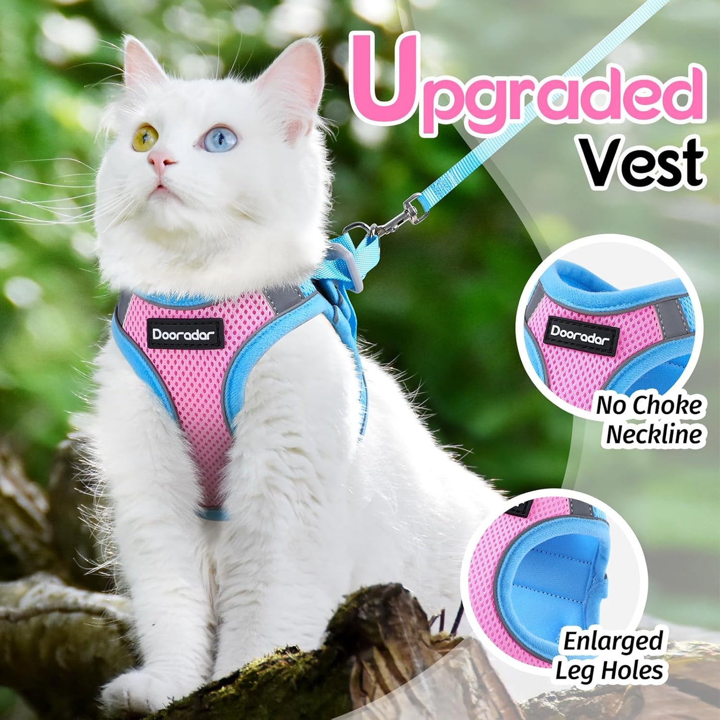 Dooradar Cat Harness and Leash Set, Escape Proof Lightweight Kitten Harness, Soft Breathable Reflective Vest for Outdoor Walking Traveling, Adjustable for Large Cats, Pink & Blue, L