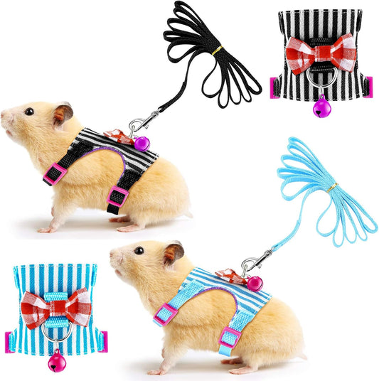 2 Pieces Hamster Harness and Leash Set for Walking, Small Guinea Pig Clothes with Bowknot Bell, No Pulling Comfort Padded Vest Striped for Guinea Pig Hamster Ferret, Small Animals (Blue, Black,M)