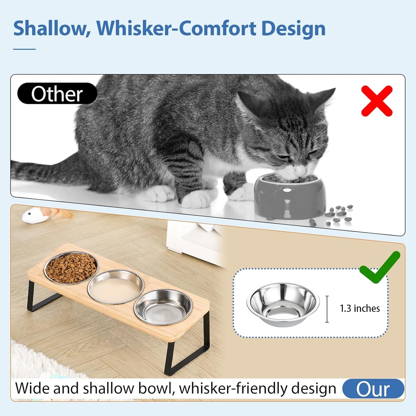 Elevated Cat Bowls, 15° Tilted Raised Cat Food and Water Bowl, Anti-Vomit & Whisker-Friendly Design, 3 Stainless Steel Bowls for Cats and Small Dogs