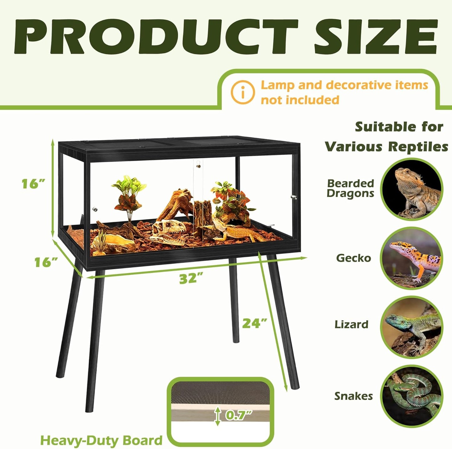 Prolee Bearded Dragon Tank with Leg Stand,Wooden Lizard Tank,Reptile Tank with Metal Mesh Roof Door, Acrylic Panel Snake Tank with Lock Design (Black, 32"x16"x16")