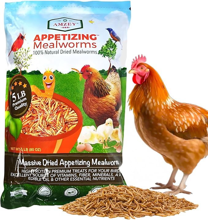Amzey Dried Mealworms 5 LB, 100% Natural Meal Worms for Chicken & Birds, Organic Chicken Feed for Laying Hens, High Protein and Nutrition, Zipped Bag