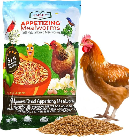Amzey Dried Mealworms 5 LB, 100% Natural Meal Worms for Chicken & Birds, Organic Chicken Feed for Laying Hens, High Protein and Nutrition, Zipped Bag