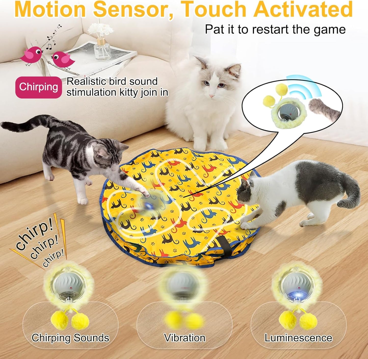 Interactive Cat Toys for Indoor Cats, Automatic Motion Cat Toy in Pouch Fast Rolling Ball in Play Mat Hide and Seek Mouse Catching Game with Chirping Stimulation,Led Light,Auto On/Off(Yellow)