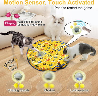 Interactive Cat Toys for Indoor Cats, Automatic Motion Cat Toy in Pouch Fast Rolling Ball in Play Mat Hide and Seek Mouse Catching Game with Chirping Stimulation,Led Light,Auto On/Off(Yellow)