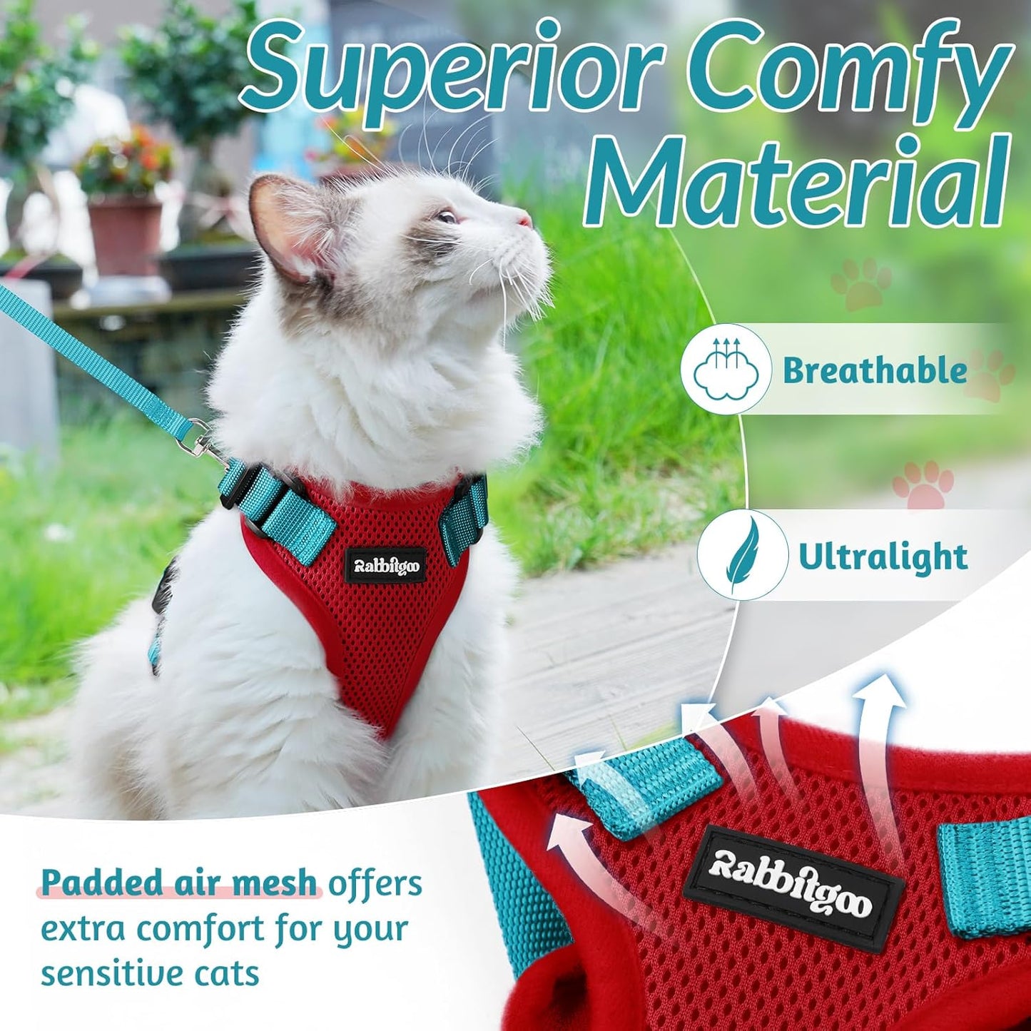 rabbitgoo Cat Harness and Leash for Walking, Escape Proof Soft Adjustable Vest Harnesses for Cats, Easy Control Breathable Reflective Strips Jacket, Red & Teal, M