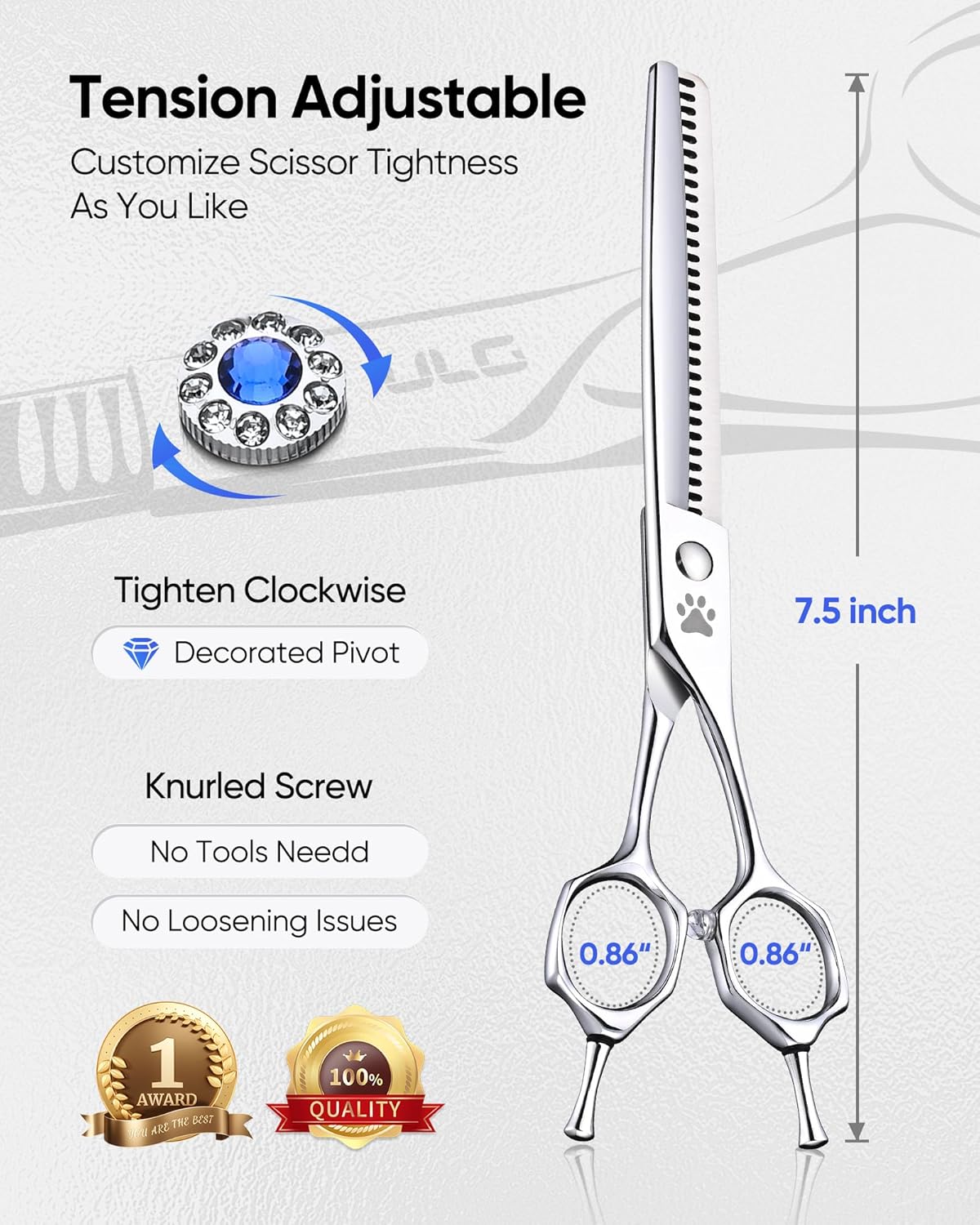 ULG Professional Dog Grooming Scissors 7.5” Straight Chunker Shear 65%-75% Thinning Rate 440C Japanese Stainless Steel Tension Adjustable Left & Right Handed Pet Grooming Shears