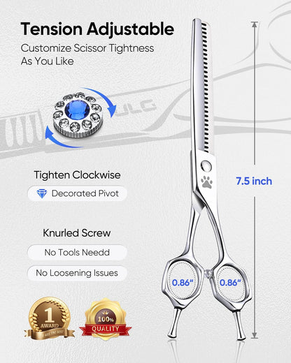 ULG Professional Dog Grooming Scissors 7.5” Straight Chunker Shear 65%-75% Thinning Rate 440C Japanese Stainless Steel Tension Adjustable Left & Right Handed Pet Grooming Shears