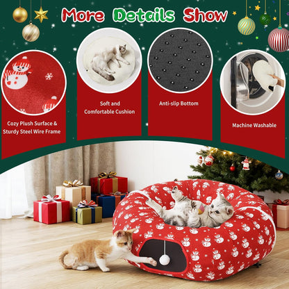 Pawaboo 2-in-1 Cat Tunnel Bed for Indoor Cats, 8-Shaped Large Cat Tunnels with Plush Cushions, Foldable Cats Cave Hideout Kitty Toys with Fluffy Balls, Donut Tunnel for Kitten Rabbit Ferret, Red