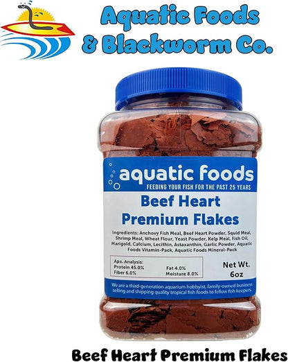 Aquatic Foods Inc. Premium Beef Heart Flakes for Discus, Cichlids, Carnivore Tropical Fish Also Pellet Mix, Wafer Mix Included…6oz Jar