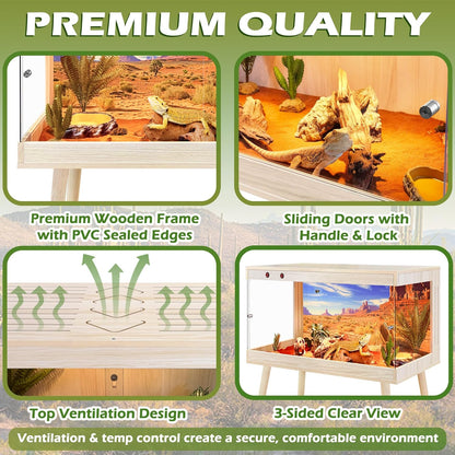 Royxen Tempered Glass Bearded Dragon Tank,24 Gallon Reptile Tank with Leg Stand,Built-in Lighting Reptile Enclosure Scartch-Proof Bearded Dragon Encloure for Chameleon,Snake,Lizard(Oak,24"x 16"x 16")