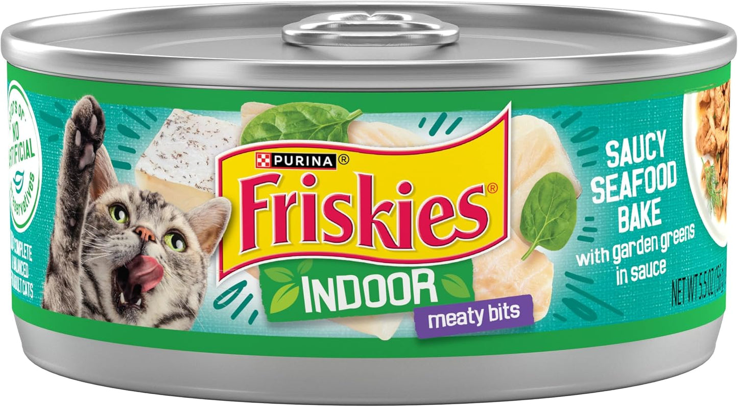 Purina Friskies Indoor Cat Food Meaty Bits Saucy Seafood Bake With Garden Greens in Sauce - (Pack of 24) 5.5 oz. Cans