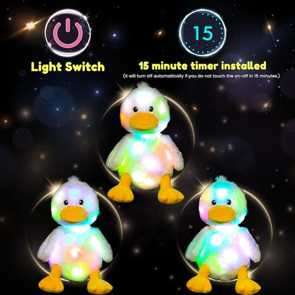 Hopearl LED Plush Duck Lighting Up Stuffed Duckling Farm Animal Floppy Night Lights Glow in The Dark Birthday Gifts for Kids Toddler Girls, White, 12''