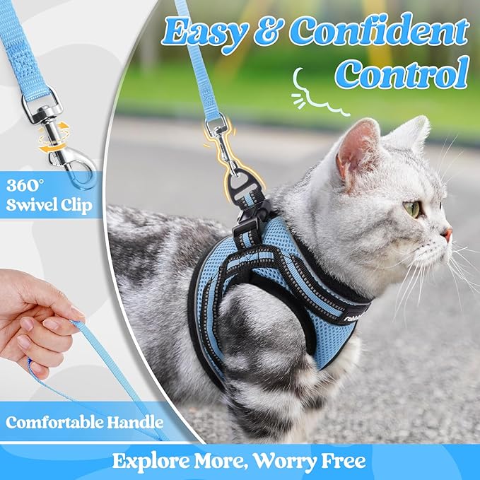 rabbitgoo Cat Harness and Leash Set for Walking Escape Proof, Adjustable Soft Kittens Vest with Reflective Strip for Cats, Comfortable Outdoor Vest, Light Blue, L