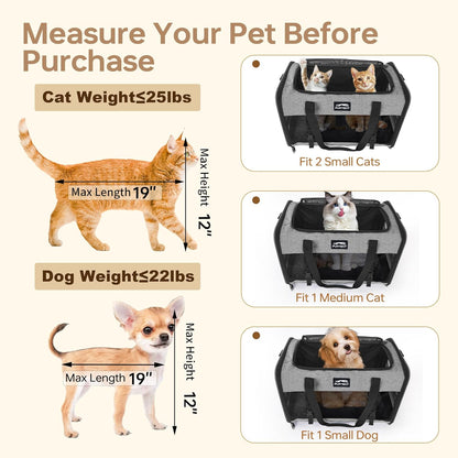Soft Sided Two Cats Dog Carrier up to 25 lbs, Portable Mesh Pet Travel Bag for Medium Puppy Big Cats, Collapsible Puppy Crate Home Outdoor 20x13x13in, Grey