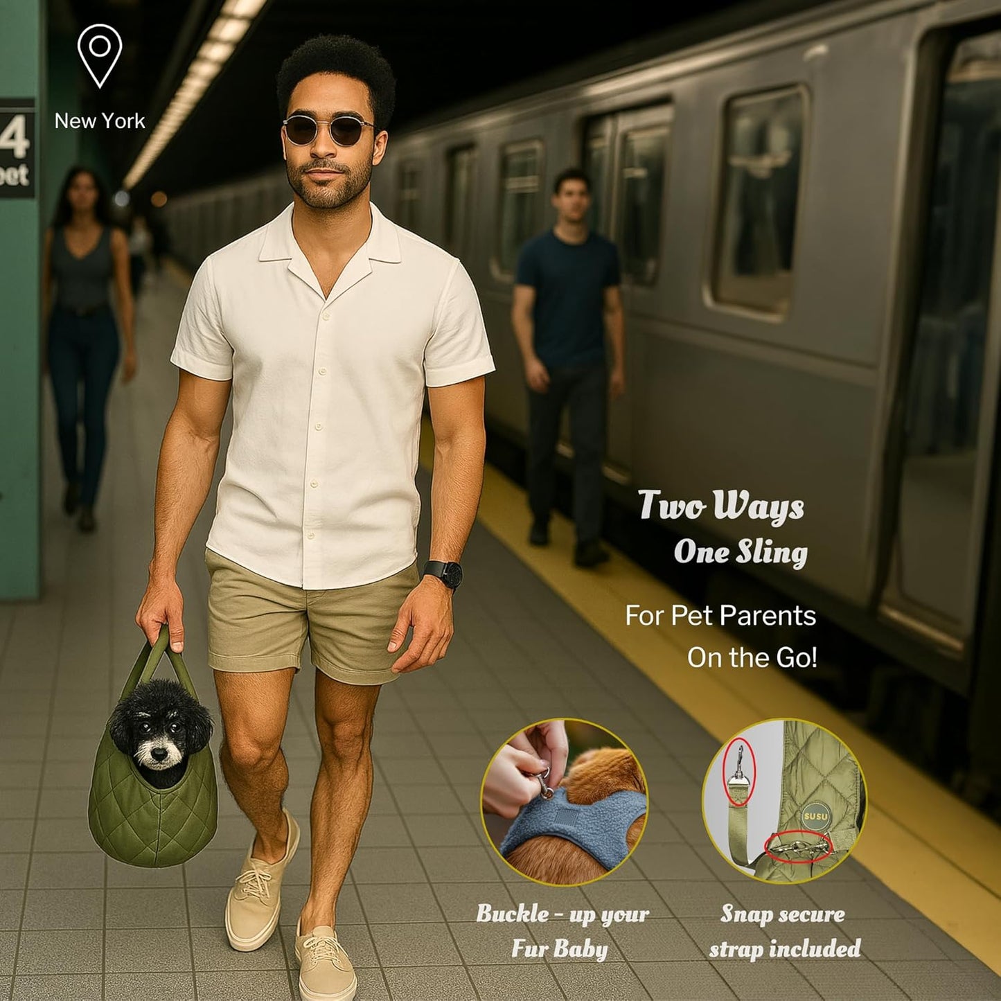 Small Dog Carrier Sling – Olive Green Hands‑Free 2‑in‑1 Sling & Handheld Carrier for Toy Dogs 3-8 lb, Parachute‑Grade Rip‑Stop Nylon, 4″ Padded Strap, Safety Tether & Two Pockets