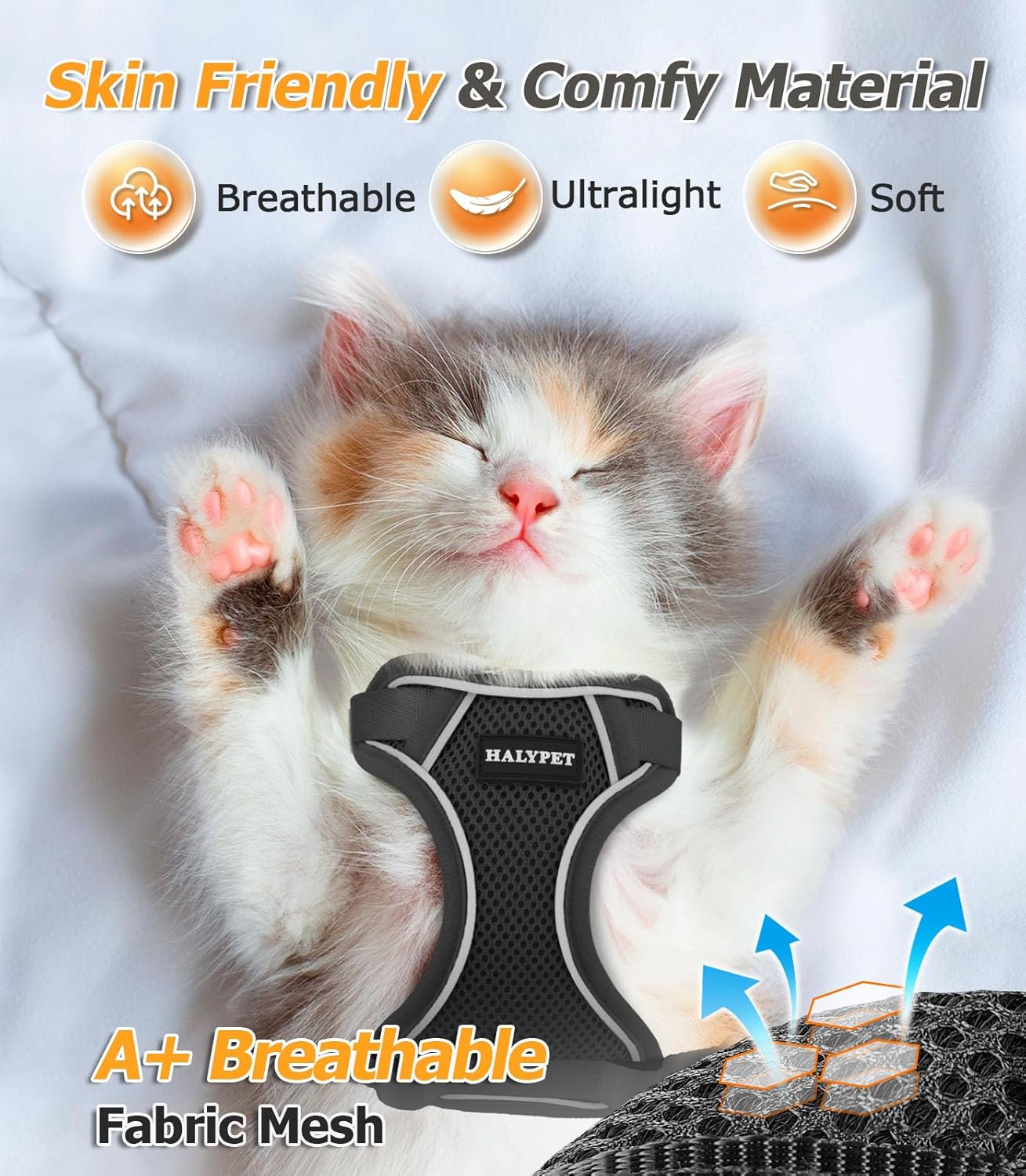 Halypet Cat Harness and Leash Set [MAX Safety 4th-Gen Upgrade] Escape Proof Adjustable Cat Leash Comfortable Soft Vest Easy to Wear Kitten Harness with Reflective Strip for Cats Walking, XS Black