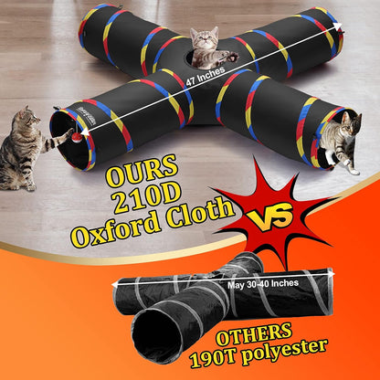 47" Long Cat Tunnels - 4 Way Cat Tunnel for Indoor Cats Play & Exploration - Collapsible Pop Up Tubes for Ferrets, Rabbits, and Small Dogs Fun, with Play Ball and Mouse Toy