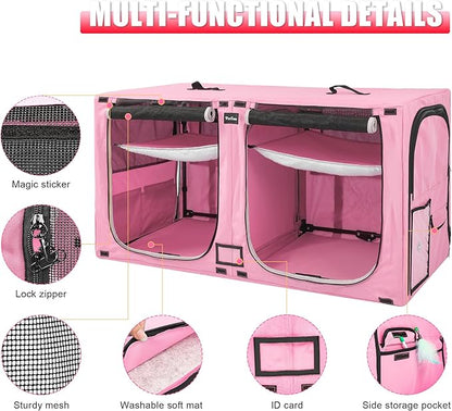 Huge Sapce Double Compartment Cat Travel Carrier with Litter Box & Homack | Cat Show Kennel Cage Crate with Mat & Water Bottle