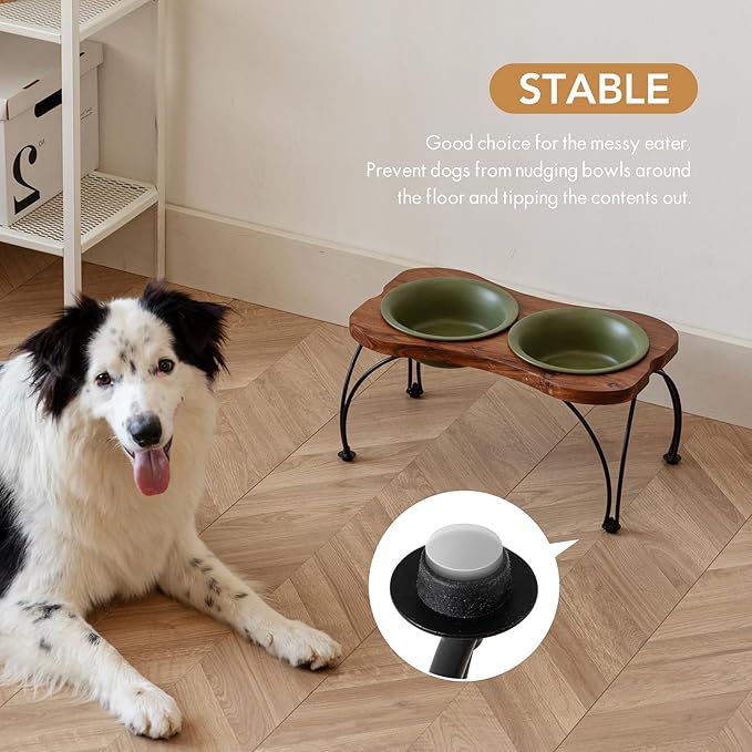 Ceramic 7.1-inch Raised Double-Bowl Set with Non-Slip Stand, Food & Water Dishes for Medium and Large Dogs, Wide Opening with Rounded Edges(Olive Green)